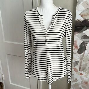 White House Black Market Ribbed White Long Sleeve Top with Black Stripes